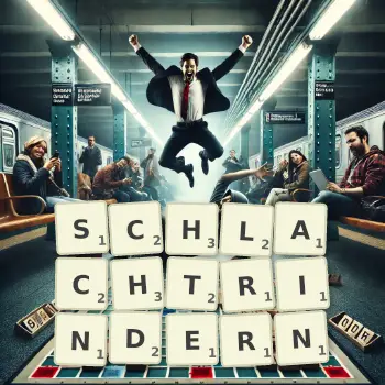 Kreative Illustration für ein Scrabble-Spiel, bei dem das Wort SCHLACHTRINDERN mit Steinen auf dem Brett gelegt wurde.