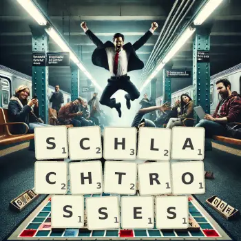 Kreative Illustration für ein Scrabble-Spiel, bei dem das Wort SCHLACHTROSSES mit Steinen auf dem Brett gelegt wurde.