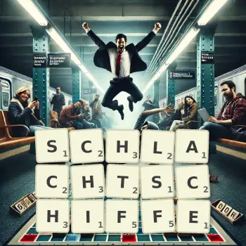 Kreative Illustration für ein Scrabble-Spiel, bei dem das Wort SCHLACHTSCHIFFE mit Steinen auf dem Brett gelegt wurde.