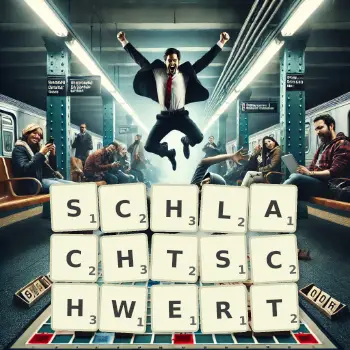 Kreative Illustration für ein Scrabble-Spiel, bei dem das Wort SCHLACHTSCHWERT mit Steinen auf dem Brett gelegt wurde.