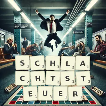 Kreative Illustration für ein Scrabble-Spiel, bei dem das Wort SCHLACHTSTEUER mit Steinen auf dem Brett gelegt wurde.
