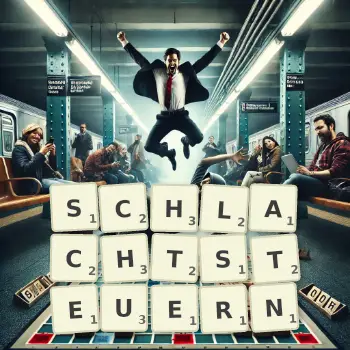 Kreative Illustration für ein Scrabble-Spiel, bei dem das Wort SCHLACHTSTEUERN mit Steinen auf dem Brett gelegt wurde.