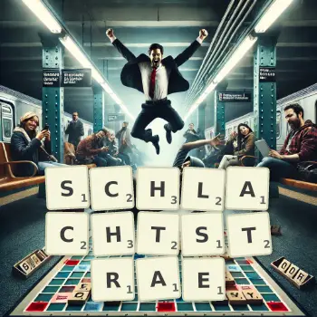 Kreative Illustration für ein Scrabble-Spiel, bei dem das Wort SCHLACHTSTRAE mit Steinen auf dem Brett gelegt wurde.