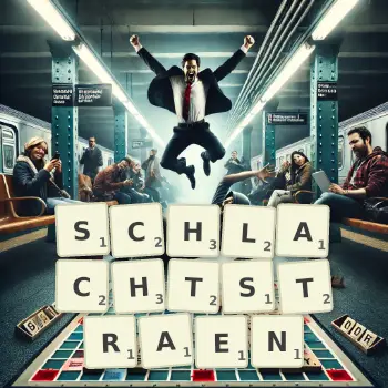 Kreative Illustration für ein Scrabble-Spiel, bei dem das Wort SCHLACHTSTRAEN mit Steinen auf dem Brett gelegt wurde.
