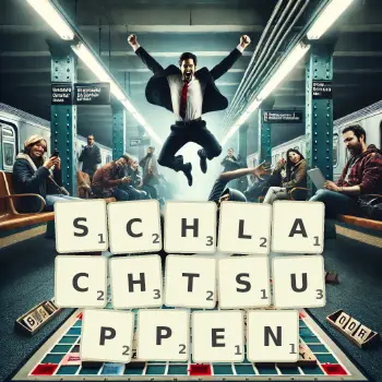 Kreative Illustration für ein Scrabble-Spiel, bei dem das Wort SCHLACHTSUPPEN mit Steinen auf dem Brett gelegt wurde.