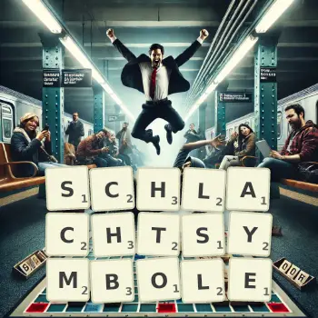 Kreative Illustration für ein Scrabble-Spiel, bei dem das Wort SCHLACHTSYMBOLE mit Steinen auf dem Brett gelegt wurde.