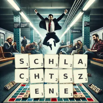 Kreative Illustration für ein Scrabble-Spiel, bei dem das Wort SCHLACHTSZENE mit Steinen auf dem Brett gelegt wurde.