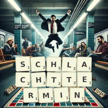 Kreative Illustration für ein Scrabble-Spiel, bei dem das Wort SCHLACHTTERMIN mit Steinen auf dem Brett gelegt wurde.