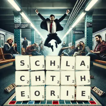 Kreative Illustration für ein Scrabble-Spiel, bei dem das Wort SCHLACHTTHEORIE mit Steinen auf dem Brett gelegt wurde.