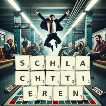 Kreative Illustration für ein Scrabble-Spiel, bei dem das Wort SCHLACHTTIEREN mit Steinen auf dem Brett gelegt wurde.
