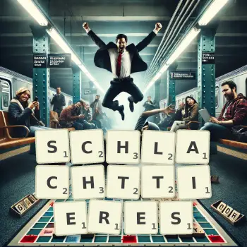 Kreative Illustration für ein Scrabble-Spiel, bei dem das Wort SCHLACHTTIERES mit Steinen auf dem Brett gelegt wurde.