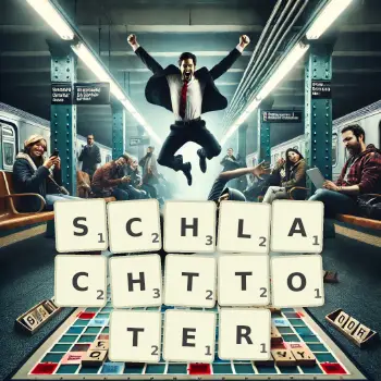 Kreative Illustration für ein Scrabble-Spiel, bei dem das Wort SCHLACHTTOTER mit Steinen auf dem Brett gelegt wurde.