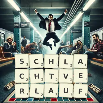 Kreative Illustration für ein Scrabble-Spiel, bei dem das Wort SCHLACHTVERLAUF mit Steinen auf dem Brett gelegt wurde.