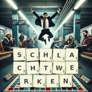 Kreative Illustration für ein Scrabble-Spiel, bei dem das Wort SCHLACHTWERKEN mit Steinen auf dem Brett gelegt wurde.
