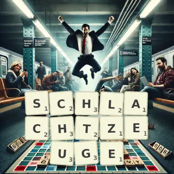 Kreative Illustration für ein Scrabble-Spiel, bei dem das Wort SCHLACHTZEUGE mit Steinen auf dem Brett gelegt wurde.