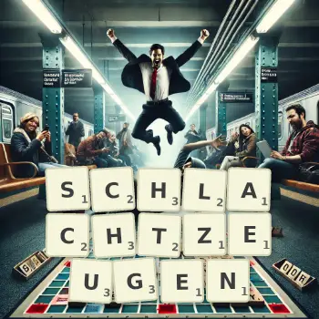 Kreative Illustration für ein Scrabble-Spiel, bei dem das Wort SCHLACHTZEUGEN mit Steinen auf dem Brett gelegt wurde.