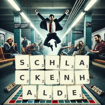 Kreative Illustration für ein Scrabble-Spiel, bei dem das Wort SCHLACKENHALDE mit Steinen auf dem Brett gelegt wurde.