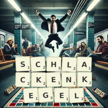 Kreative Illustration für ein Scrabble-Spiel, bei dem das Wort SCHLACKENKEGEL mit Steinen auf dem Brett gelegt wurde.