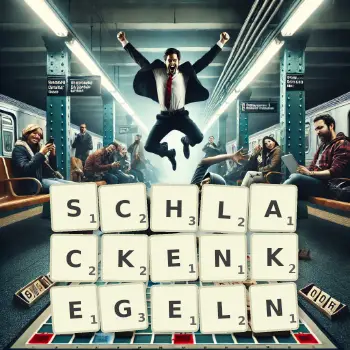 Kreative Illustration für ein Scrabble-Spiel, bei dem das Wort SCHLACKENKEGELN mit Steinen auf dem Brett gelegt wurde.