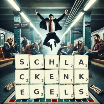 Kreative Illustration für ein Scrabble-Spiel, bei dem das Wort SCHLACKENKEGELS mit Steinen auf dem Brett gelegt wurde.