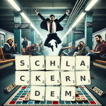 Kreative Illustration für ein Scrabble-Spiel, bei dem das Wort SCHLACKERNDEM mit Steinen auf dem Brett gelegt wurde.