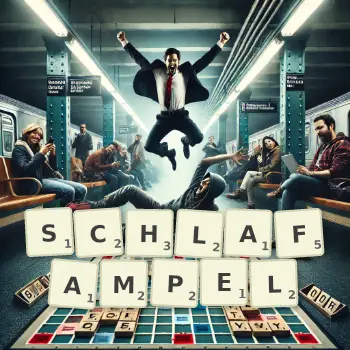 Kreative Illustration für ein Scrabble-Spiel, bei dem das Wort SCHLAFAMPEL mit Steinen auf dem Brett gelegt wurde.