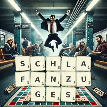 Kreative Illustration für ein Scrabble-Spiel, bei dem das Wort SCHLAFANZUGES mit Steinen auf dem Brett gelegt wurde.