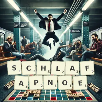 Kreative Illustration für ein Scrabble-Spiel, bei dem das Wort SCHLAFAPNOE mit Steinen auf dem Brett gelegt wurde.