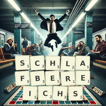 Kreative Illustration für ein Scrabble-Spiel, bei dem das Wort SCHLAFBEREICHS mit Steinen auf dem Brett gelegt wurde.