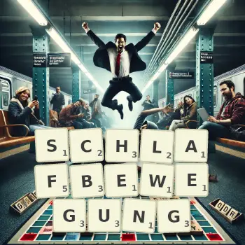 Kreative Illustration für ein Scrabble-Spiel, bei dem das Wort SCHLAFBEWEGUNG mit Steinen auf dem Brett gelegt wurde.