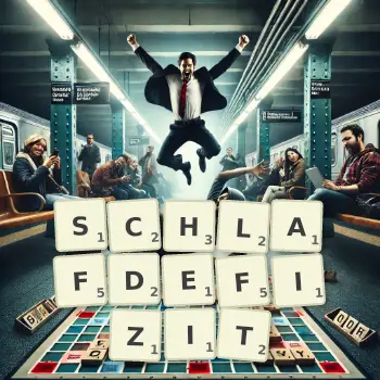 Kreative Illustration für ein Scrabble-Spiel, bei dem das Wort SCHLAFDEFIZIT mit Steinen auf dem Brett gelegt wurde.