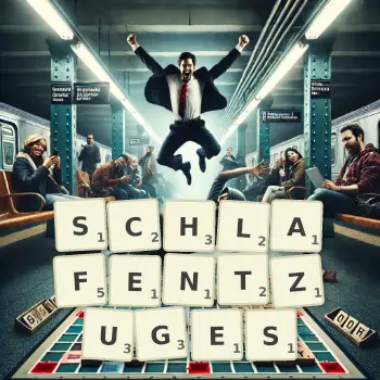 Kreative Illustration für ein Scrabble-Spiel, bei dem das Wort SCHLAFENTZUGES mit Steinen auf dem Brett gelegt wurde.