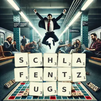 Kreative Illustration für ein Scrabble-Spiel, bei dem das Wort SCHLAFENTZUGS mit Steinen auf dem Brett gelegt wurde.