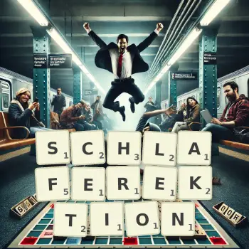 Kreative Illustration für ein Scrabble-Spiel, bei dem das Wort SCHLAFEREKTION mit Steinen auf dem Brett gelegt wurde.