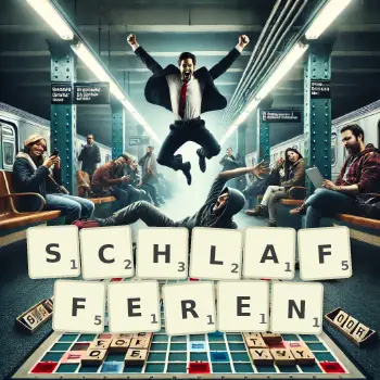 Kreative Illustration für ein Scrabble-Spiel, bei dem das Wort SCHLAFFEREN mit Steinen auf dem Brett gelegt wurde.