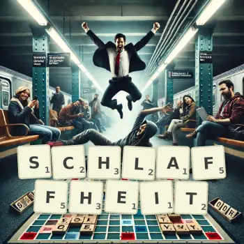 Kreative Illustration für ein Scrabble-Spiel, bei dem das Wort SCHLAFFHEIT mit Steinen auf dem Brett gelegt wurde.