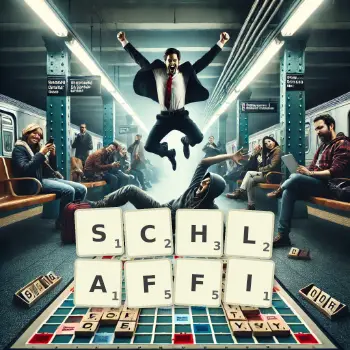 Kreative Illustration für ein Scrabble-Spiel, bei dem das Wort SCHLAFFI mit Steinen auf dem Brett gelegt wurde.