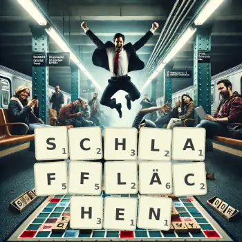 Kreative Illustration für ein Scrabble-Spiel, bei dem das Wort SCHLAFFLÄCHEN mit Steinen auf dem Brett gelegt wurde.