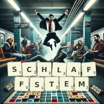 Kreative Illustration für ein Scrabble-Spiel, bei dem das Wort SCHLAFFSTEM mit Steinen auf dem Brett gelegt wurde.
