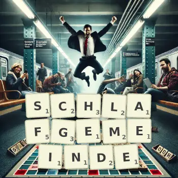Kreative Illustration für ein Scrabble-Spiel, bei dem das Wort SCHLAFGEMEINDE mit Steinen auf dem Brett gelegt wurde.