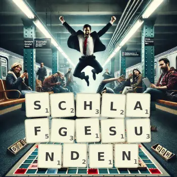 Kreative Illustration für ein Scrabble-Spiel, bei dem das Wort SCHLAFGESUNDEN mit Steinen auf dem Brett gelegt wurde.