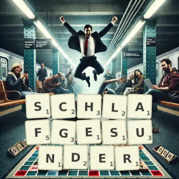 Kreative Illustration für ein Scrabble-Spiel, bei dem das Wort SCHLAFGESUNDER mit Steinen auf dem Brett gelegt wurde.