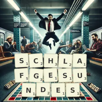Kreative Illustration für ein Scrabble-Spiel, bei dem das Wort SCHLAFGESUNDES mit Steinen auf dem Brett gelegt wurde.