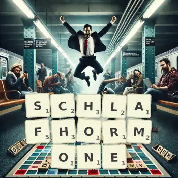 Kreative Illustration für ein Scrabble-Spiel, bei dem das Wort SCHLAFHORMONE mit Steinen auf dem Brett gelegt wurde.