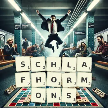 Kreative Illustration für ein Scrabble-Spiel, bei dem das Wort SCHLAFHORMONS mit Steinen auf dem Brett gelegt wurde.