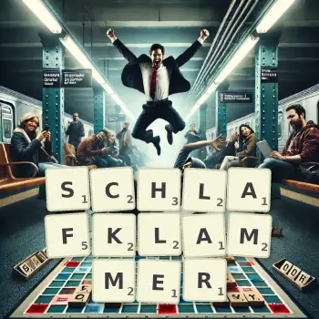 Kreative Illustration für ein Scrabble-Spiel, bei dem das Wort SCHLAFKLAMMER mit Steinen auf dem Brett gelegt wurde.