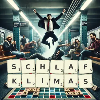 Kreative Illustration für ein Scrabble-Spiel, bei dem das Wort SCHLAFKLIMAS mit Steinen auf dem Brett gelegt wurde.
