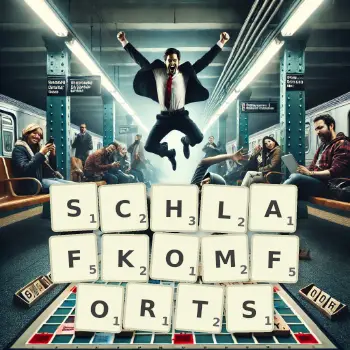 Kreative Illustration für ein Scrabble-Spiel, bei dem das Wort SCHLAFKOMFORTS mit Steinen auf dem Brett gelegt wurde.