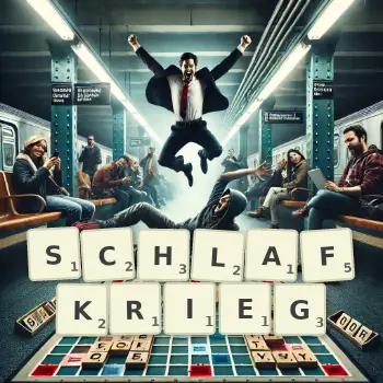 Kreative Illustration für ein Scrabble-Spiel, bei dem das Wort SCHLAFKRIEG mit Steinen auf dem Brett gelegt wurde.