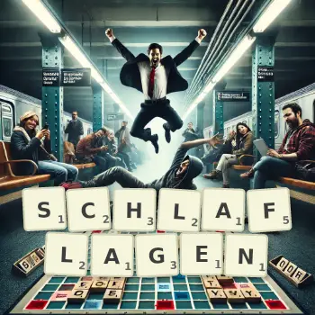 Kreative Illustration für ein Scrabble-Spiel, bei dem das Wort SCHLAFLAGEN mit Steinen auf dem Brett gelegt wurde.